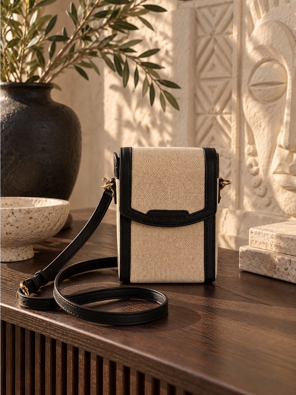 Louenhide Yoko Black & Natural Canvas Crossbody Phone Bag